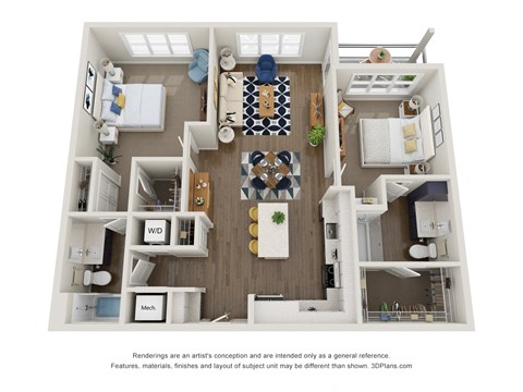 Floor plan for 2 beds, 2 baths, 1225 sqft